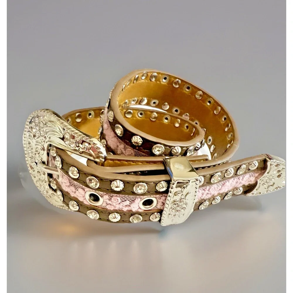 Western Leather Rhinestone Belt Youth Small‎ Brown Pink Lace Bling Buckle Rodeo